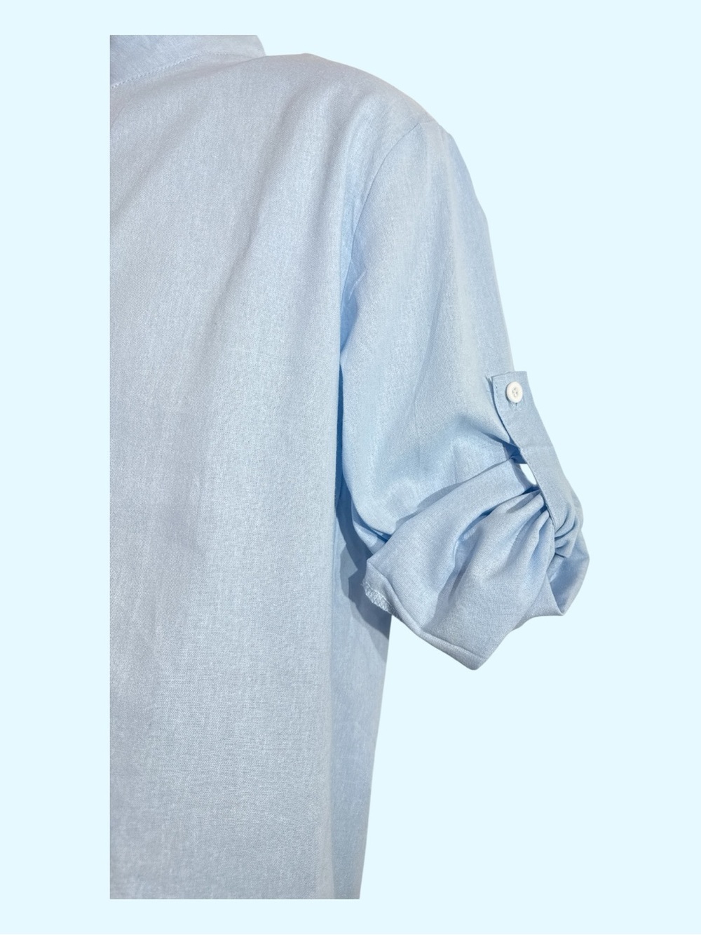 Band Collar Cotton Linen Blend Long Adjustable Sleeve Light Blue Size Small - Picture 7 of 11